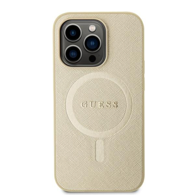 Originalus dėklas Guess GUHMP15LPSAHMCB iPhone 15 Pro 6.1  gold/gold hardcase Saffiano MagSafe 2