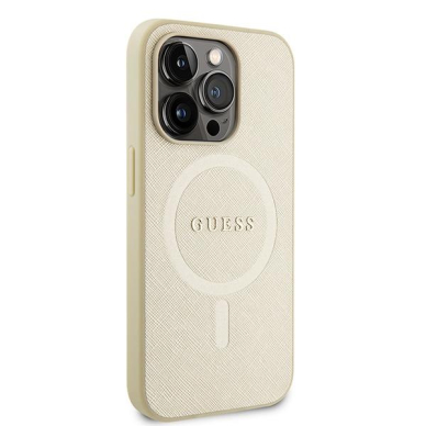 Originalus dėklas Guess GUHMP15LPSAHMCB iPhone 15 Pro 6.1  gold/gold hardcase Saffiano MagSafe 3