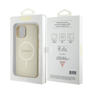 Originalus dėklas Guess GUHMP15SPSAHMCB iPhone 15 6.1  gold/gold hardcase Saffiano MagSafe 7