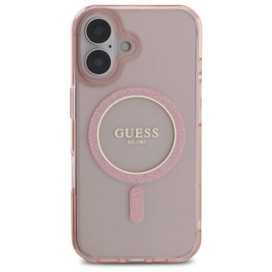 Dėklas Guess GUHMP16SHFGEREP iPhone 16 6.1 Rožinis/Rožinis hard IML Glitter Circle MagSafe 2