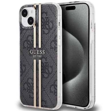 Originalus Guess dėklas IML 4G Auksinis StripeiPhone 15 Plus / 14 Plus - Juodas