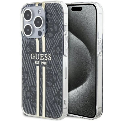 Originalus Guess dėklas IML 4G Auksinis StripeiPhone 15 Pro - Juodas