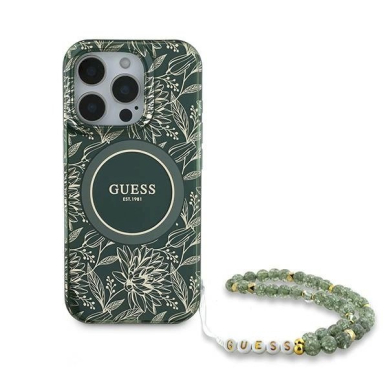 Dėklas Guess IML Flowers Allover Electro With Pearl Strap MagSafe  iPhone 16 Pro - Žalias 1