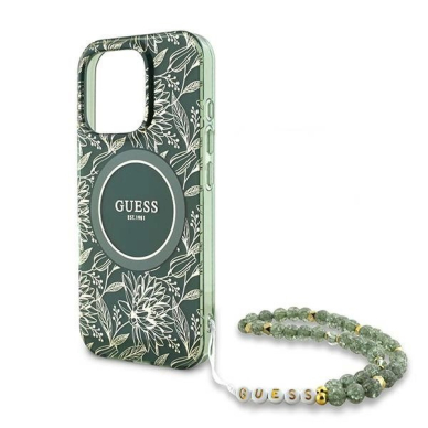 Dėklas Guess IML Flowers Allover Electro With Pearl Strap MagSafe  iPhone 16 Pro - Žalias 4