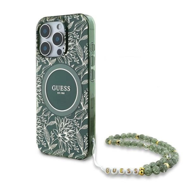 Dėklas Guess IML Flowers Allover Electro With Pearl Strap MagSafe  iPhone 16 Pro - Žalias