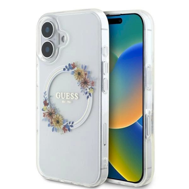 Dėklas Guess IML Flowers Wreath MagSafe iPhone 16 Plus  - Clear