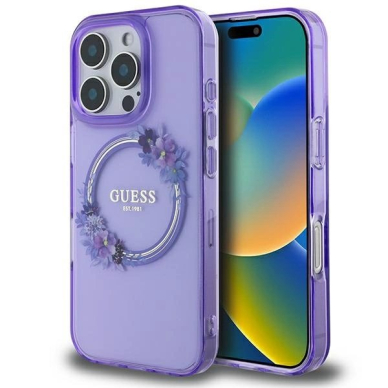 Dėklas Guess IML Flowers Wreath MagSafe iPhone 16 Pro Max  - Violetinis