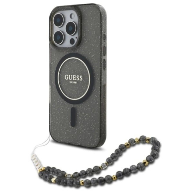 Dėklas Guess IML Glitter With Pearl Strap MagSafe  iPhone 16 Pro Max - Juodas