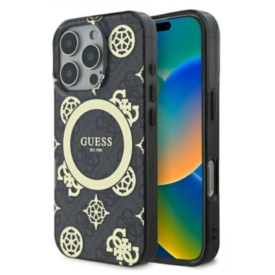 Dėklas Guess IML Peony On 4G Background MagSafe  iPhone 16 Pro Max - Juodas