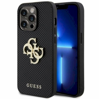 Guess Leather Perforated 4G Glitter Logo Case for iPhone 15 Pro Max - Juodas