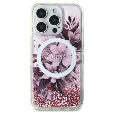 Dėklas Guess Liquid Glitter Flower MagSafe iPhone 16 Pro  - Rožinis 2