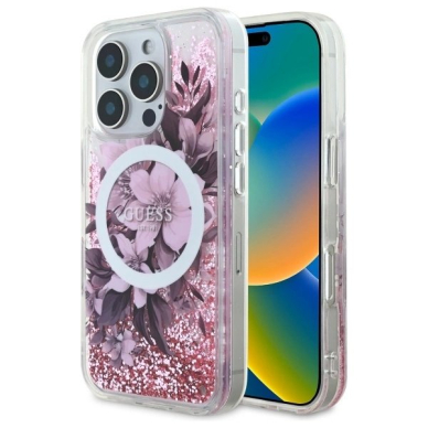 Dėklas Guess Liquid Glitter Flower MagSafe iPhone 16 Pro  - Rožinis