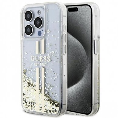 Originalus Guess dėklas Liquid Glitter Auksinis StripesiPhone 15 Pro Max - transparent