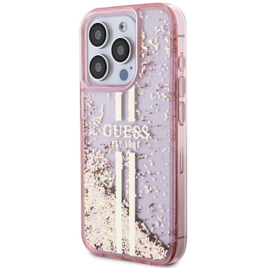 Originalus Guess dėklas Liquid Glitter Auksinis StripesiPhone 15 Pro - Rožinis 1