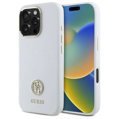 Dėklas Guess Silicone Logo Strass 4G  iPhone 16 Pro Max - Baltas