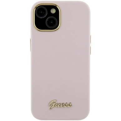 Originalus Guess dėklas Silicone Script Metal Logo & FrameiPhone 15 Pro - Rožinis