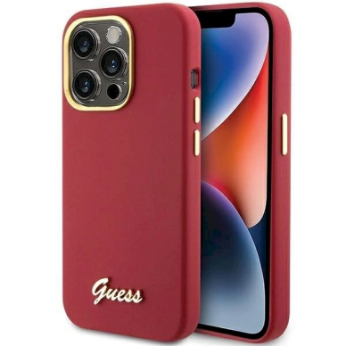 Originalus Guess dėklas Silicone Script Metal Logo & FrameiPhone 15 Pro - Raudonas