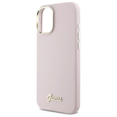 Dėklas Guess Silicone Script Metal Logo  Frame iPhone 16  - Rožinis 5