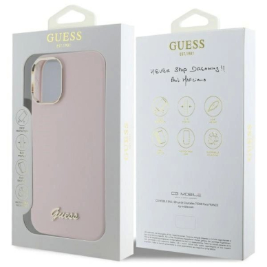 Dėklas Guess Silicone Script Metal Logo  Frame iPhone 16  - Rožinis 7