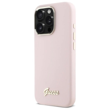 Dėklas Guess Silicone Script Metal Logo  Frame iPhone 16 Pro  - Rožinis 1