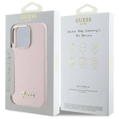 Dėklas Guess Silicone Script Metal Logo  Frame iPhone 16 Pro  - Rožinis 7