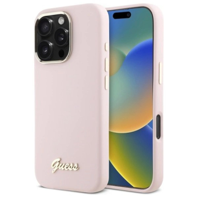 Dėklas Guess Silicone Script Metal Logo  Frame iPhone 16 Pro  - Rožinis