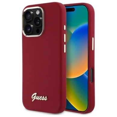 Dėklas Guess Silicone Script Metal Logo iPhone 16 Pro  - Rožinis