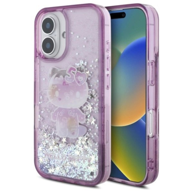 Dėklas Hello Kitty Liquid Glitter 50TH Anniversary Party iPhone 16  - Violetinis