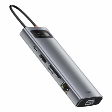 [Užsakomoji prekė] Hub 3xUSB 3.2, 2xType-C, VGA, HDMI, SD/TF Card Reader, RJ45 - Baseus Metal Glam (CAHUB-CU0G) - Pilkas