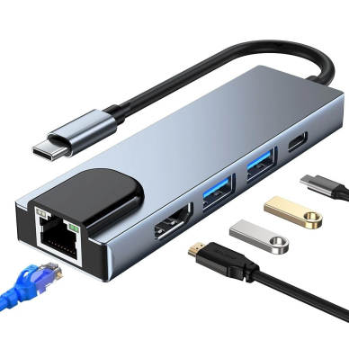 HUB Tech-Protect V3 5in1 USB-C - USB-A 3.0 / USB-A 2.0 / USB-C / HDMI / RJ45 - pilkas 1