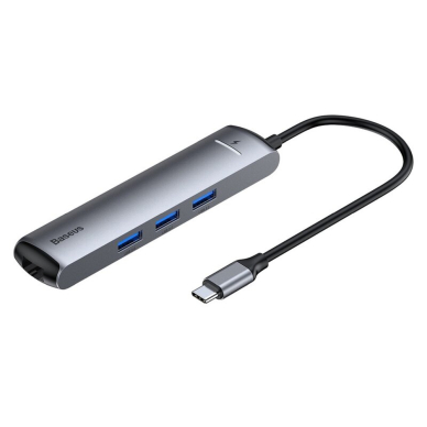 [Užsakomoji prekė] Hub - USB-C la HDMI, Type-C, 3x USB, RJ45 - Baseus (CAHUB-J0G) - Grey