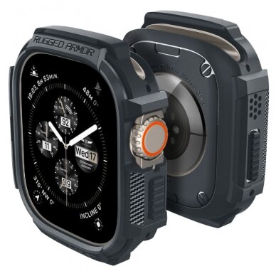 [Užsakomoji prekė] Dėklas Apple Watch Ultra / Ultra 2 - Spigen Rugged Armor - Tamsiai pilkas