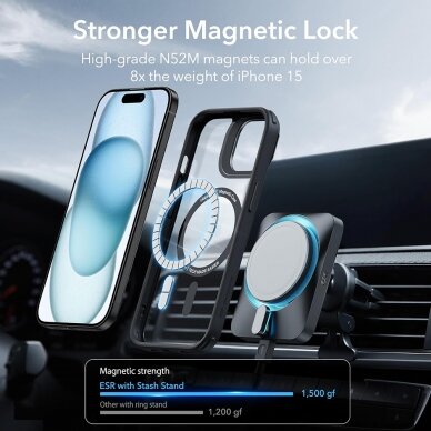 [Užsakomoji prekė] Dėklas iPhone 15 - ESR Classic Hybrid HaloLock Kickstand - Skaidrus Juodas 6