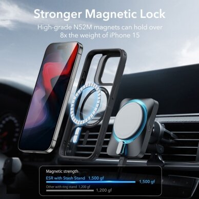 [Užsakomoji prekė] Dėklas iPhone 15 Pro - ESR Classic Hybrid HaloLock Kickstand - Permatomas Juodas 5