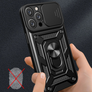 Dėklas Hybrid Armor Camshield iPhone 16 Pro Case with Camera Cover and Stand - Juodas 4