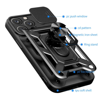 Dėklas Hybrid Armor Camshield iPhone 16 Pro Case with Camera Cover and Stand - Juodas 7