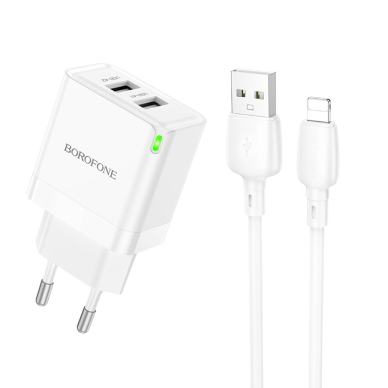 Įkroviklis buitinis Borofone BN15 2xUSB-A + USB-A to Lightning cable 1.0m baltas