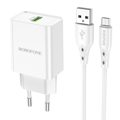 Įkroviklis buitinis Borofone BN5 QC 3.0 18W + microUSB, baltas