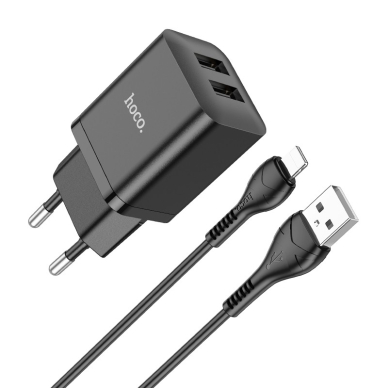 Įkroviklis buitinis Hoco N25 2xUSB-A (2.1A) + Lightning juodas