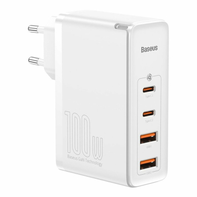 [Užsakomoji prekė] Įkroviklis 2x USB-C PD 100W, 2x USB-A QC3.0 + Cablu Type-C - Baseus (CCGAN2P-L02) - Baltas