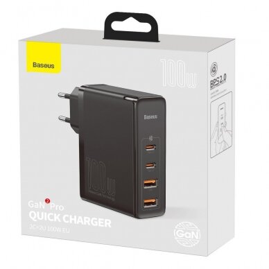 [Užsakomoji prekė] Įkroviklis 2x USB-C PD 100W, 2x USB-A QC3.0 with Cable Type-C to Type-C - Baseus (CCGAN2P-L01) - Juodas 6