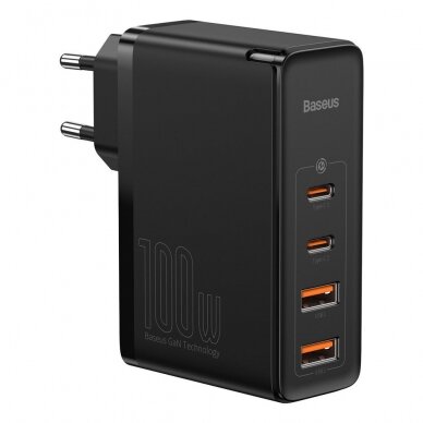 [Užsakomoji prekė] Įkroviklis 2x USB-C PD 100W, 2x USB-A QC3.0 with Cable Type-C to Type-C - Baseus (CCGAN2P-L01) - Juodas