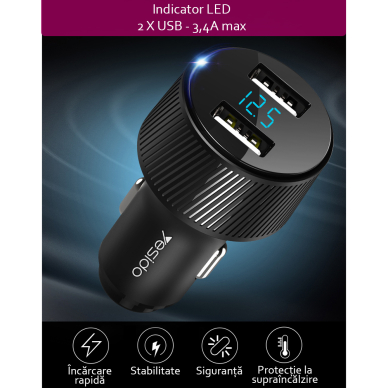 [Užsakomoji prekė] Įkroviklis Auto 2x USB 18W, 3.4A - Yesido (Y31) - Juodas 6