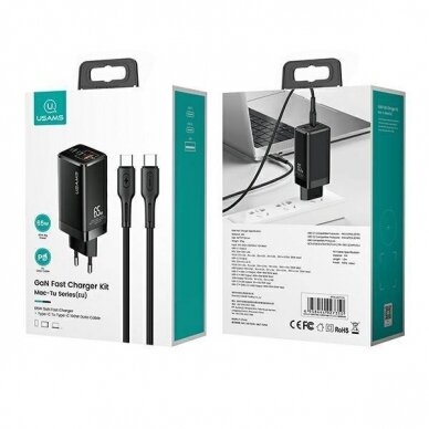 [Užsakomoji prekė] Įkroviklio kištukas 2x Type-C, USB 65W + Cablu Type-C PD100W - USAMS Kit (MTXLOGTC01) - Juodas 4