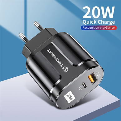 [Užsakomoji prekė] Įkroviklio kištukas USB-A, QC 3.0, USB-C, 20W - Techsuit Premium (CHPD038) - Juodas 3