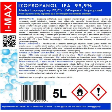 Isopropyl alcohol Isopropanol IPA I-MAX 99.9% 5L 1