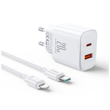 Joyroom JR-TCF05 20W USB-C / USB-A Fast Dual Port Wall Charger - White + USB-C - Lightning 1m 4