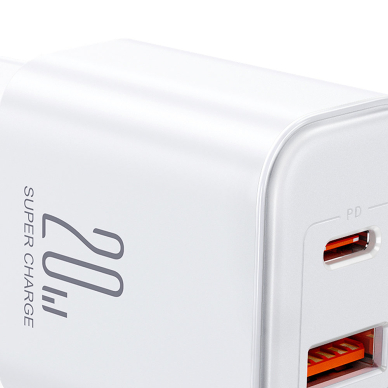 Joyroom JR-TCF05 20W USB-C / USB-A Fast Dual Port Wall Charger - White + USB-C - Lightning 1m 8