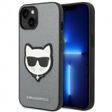 Dėklas Karl Lagerfeld Saffiano Choupette Head Patch KLHCP14SSAPCHG iPhone 14 Sidabrinis