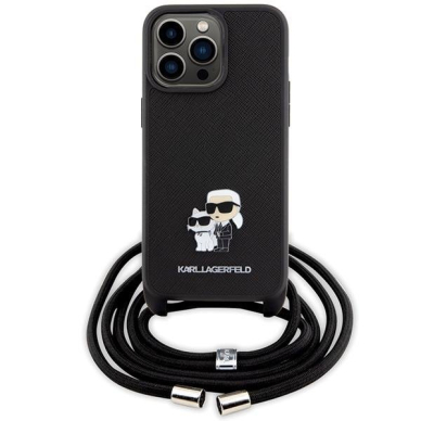 Karl Lagerfeld Crossbody Saffiano Metal Pin Karl &amp; Choupette Case for iPhone 15 Pro Max - Black 1